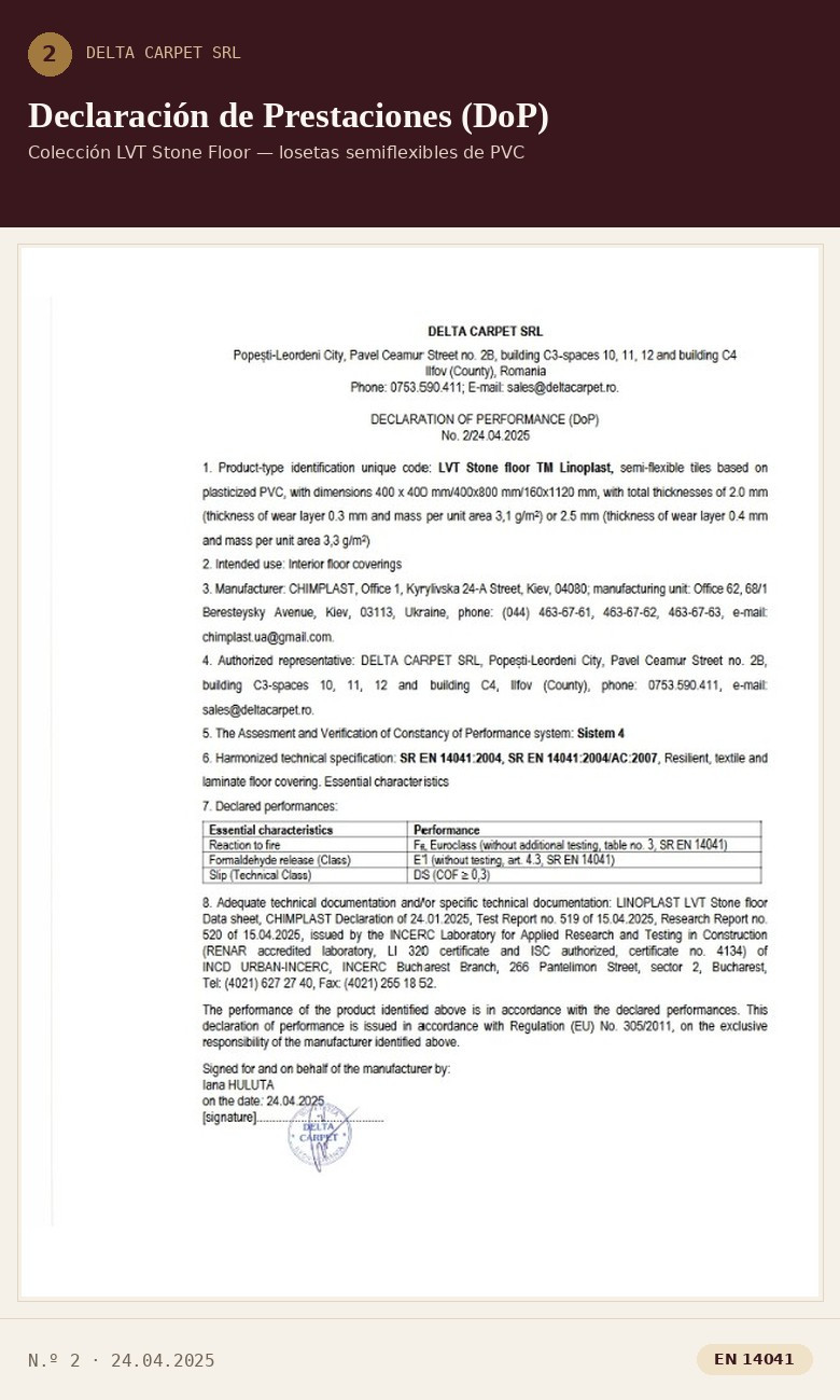 DECLARACIÓN DE PRESTACIONES (DoP) — LVT «Stone floor» TM Linoplast