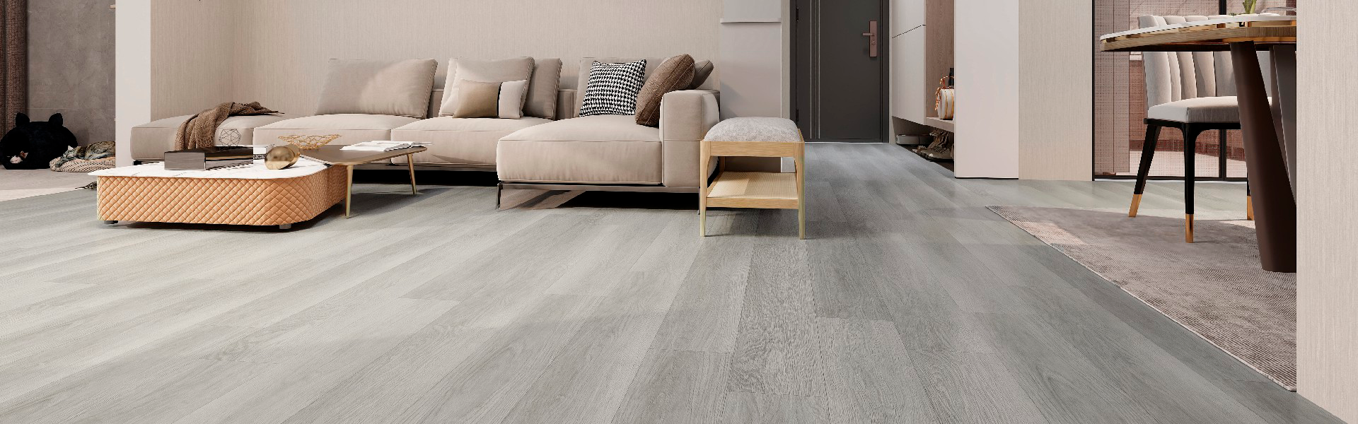 Salón con suelo vinílico LVT gris efecto madera — Matcon Integral